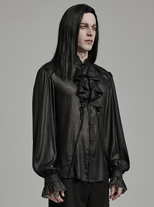 Black Non Stretch Dark Pattern Printed Pleated Chiffon All In One Tie Gothic Balloon Sleeve Shirt