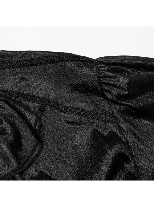 Black Non Stretch Dark Pattern Printed Pleated Chiffon All In One Tie Gothic Balloon Sleeve Shirt