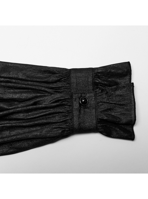 Black Non Stretch Dark Pattern Printed Pleated Chiffon All In One Tie Gothic Balloon Sleeve Shirt