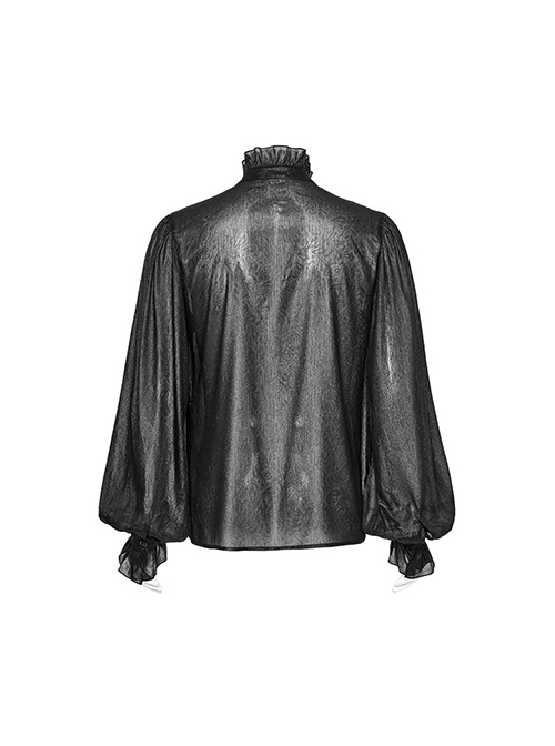 Black Non Stretch Dark Pattern Printed Pleated Chiffon All In One Tie Gothic Balloon Sleeve Shirt