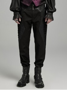 Asymmetrical Black Twill Woven With Jacquard Side String Decoration Gothic Pattern Trousers