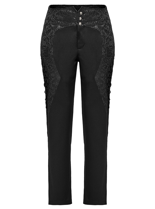 Asymmetrical Black Twill Woven With Jacquard Side String Decoration Gothic Pattern Trousers
