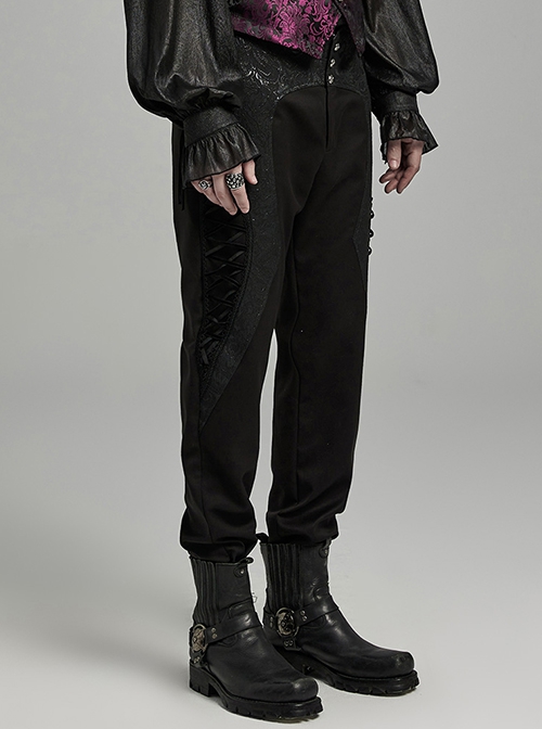 Asymmetrical Black Twill Woven With Jacquard Side String Decoration Gothic Pattern Trousers