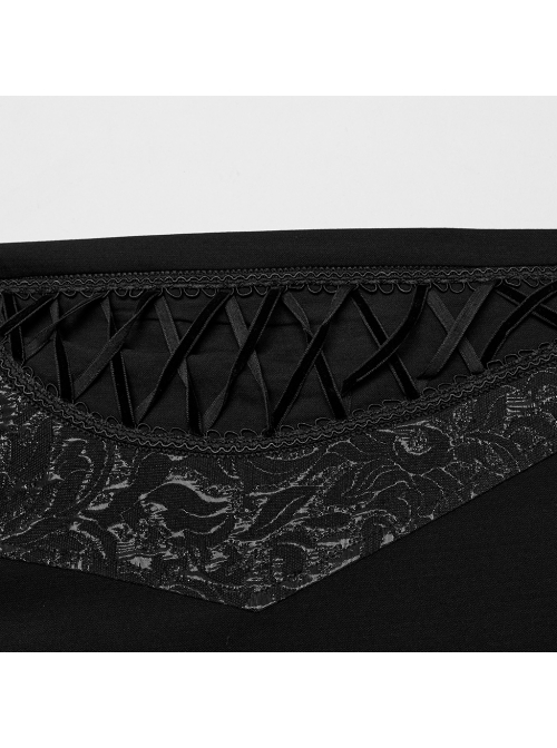 Asymmetrical Black Twill Woven With Jacquard Side String Decoration Gothic Pattern Trousers