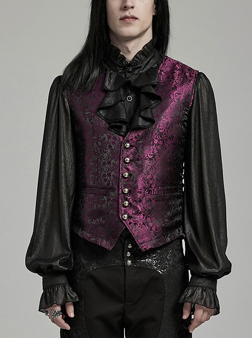 Black And Red Non Stretch Jacquard Woven Waist Side Eyelet String Gothic Style Slim Fit Color Block Vest