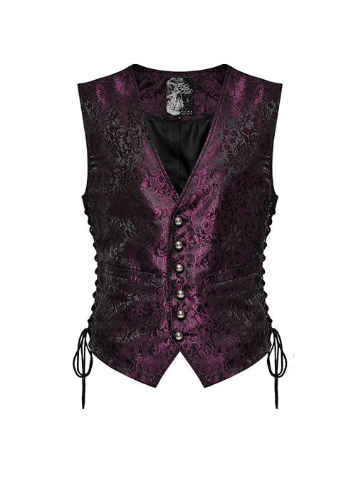 Black And Red Non Stretch Jacquard Woven Waist Side Eyelet String Gothic Style Slim Fit Color Block Vest