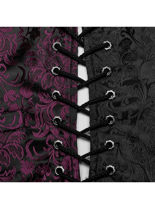 Black And Red Non Stretch Jacquard Woven Waist Side Eyelet String Gothic Style Slim Fit Color Block Vest