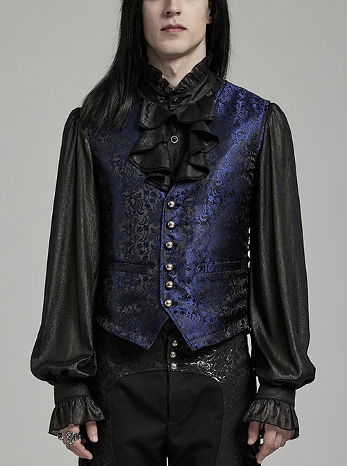 Black And Blue Non Stretch Jacquard Woven Waist Side Eyelet String Gothic Style Slim Fit Color Block Vest