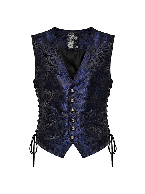 Black And Blue Non Stretch Jacquard Woven Waist Side Eyelet String Gothic Style Slim Fit Color Block Vest