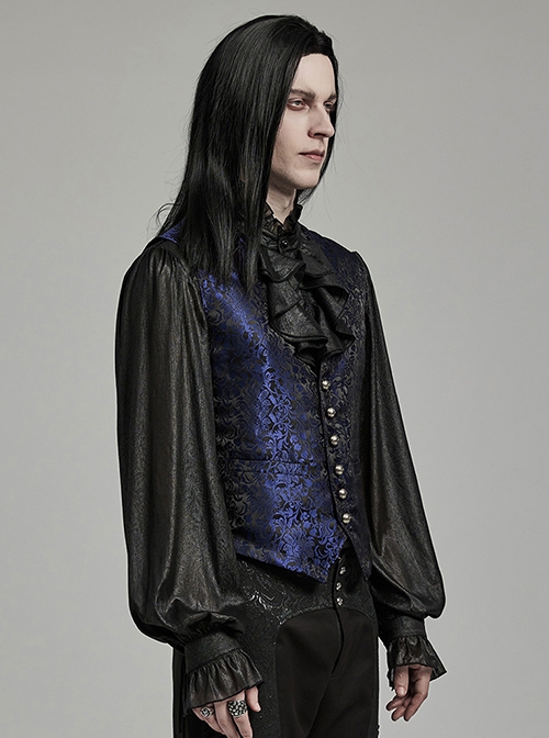 Black And Blue Non Stretch Jacquard Woven Waist Side Eyelet String Gothic Style Slim Fit Color Block Vest