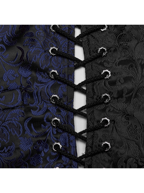 Black And Blue Non Stretch Jacquard Woven Waist Side Eyelet String Gothic Style Slim Fit Color Block Vest