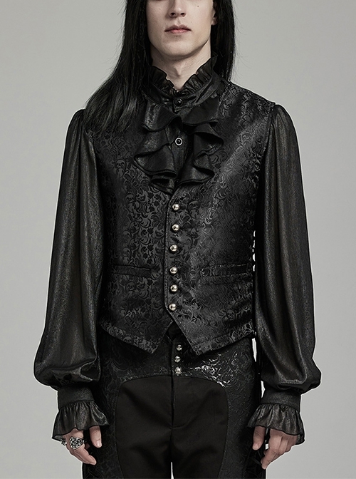 Black Non Stretch Jacquard Woven Waist Side Eyelet String Gothic Style Slim Fit Color Block Vest