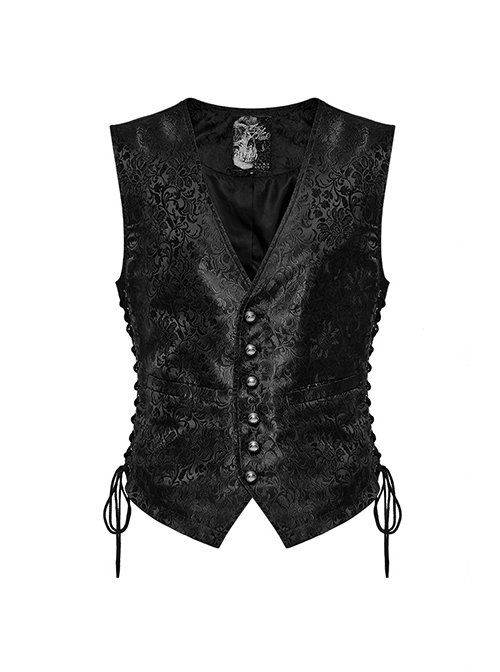Black Non Stretch Jacquard Woven Waist Side Eyelet String Gothic Style Slim Fit Color Block Vest