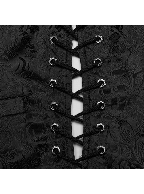 Black Non Stretch Jacquard Woven Waist Side Eyelet String Gothic Style Slim Fit Color Block Vest