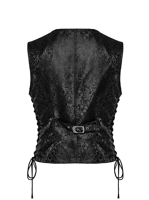 Black Non Stretch Jacquard Woven Waist Side Eyelet String Gothic Style Slim Fit Color Block Vest