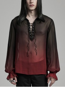 Sexy Black And Red Gradient See Through Front And Center Velvet Webbing String Gothic Style Loose Lantern Sleeve Shirt
