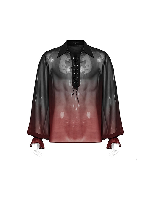 Sexy Black And Red Gradient See Through Front And Center Velvet Webbing String Gothic Style Loose Lantern Sleeve Shirt