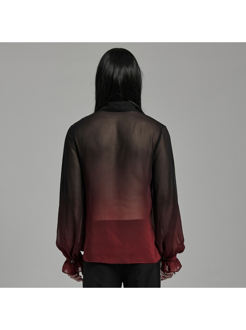 Sexy Black And Red Gradient See Through Front And Center Velvet Webbing String Gothic Style Loose Lantern Sleeve Shirt