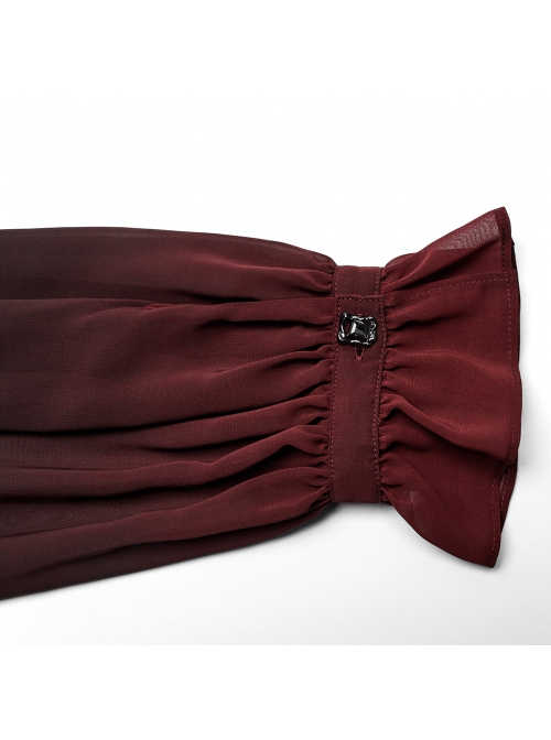 Sexy Black And Red Gradient See Through Front And Center Velvet Webbing String Gothic Style Loose Lantern Sleeve Shirt
