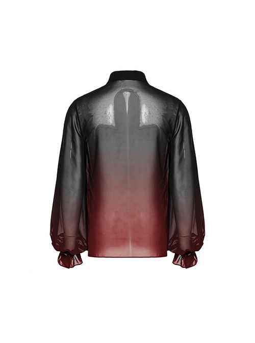 Sexy Black And Red Gradient See Through Front And Center Velvet Webbing String Gothic Style Loose Lantern Sleeve Shirt
