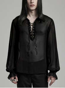 Sexy Black Gradient See Through Front And Center Velvet Webbing String Gothic Style Loose Lantern Sleeve Shirt