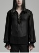 Sexy Black Gradient See Through Front And Center Velvet Webbing String Gothic Style Loose Lantern Sleeve Shirt