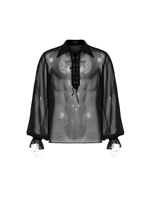Sexy Black Gradient See Through Front And Center Velvet Webbing String Gothic Style Loose Lantern Sleeve Shirt