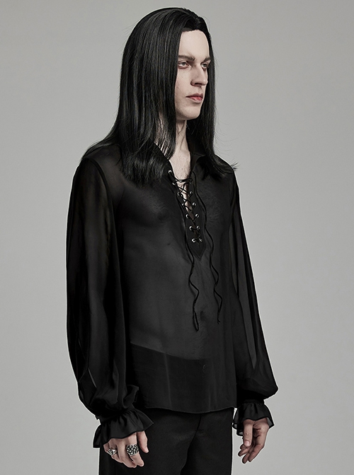 Sexy Black Gradient See Through Front And Center Velvet Webbing String Gothic Style Loose Lantern Sleeve Shirt