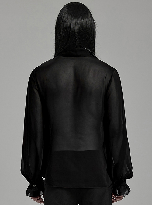 Sexy Black Gradient See Through Front And Center Velvet Webbing String Gothic Style Loose Lantern Sleeve Shirt