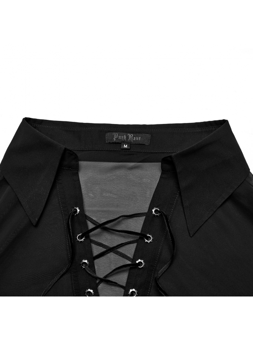 Sexy Black Gradient See Through Front And Center Velvet Webbing String Gothic Style Loose Lantern Sleeve Shirt