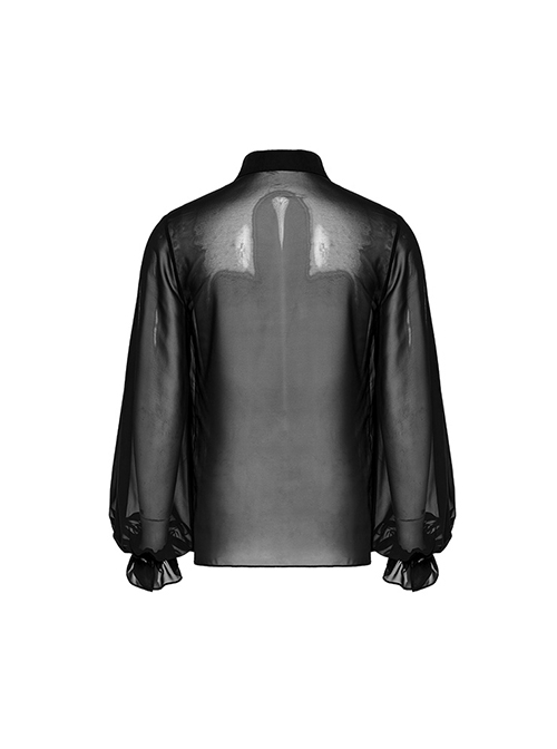 Sexy Black Gradient See Through Front And Center Velvet Webbing String Gothic Style Loose Lantern Sleeve Shirt