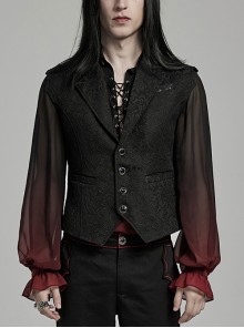 Black Asymmetrical Non Stretch Jacquard Woven With Bat Wing Clip On Gothic Style Men's Vest