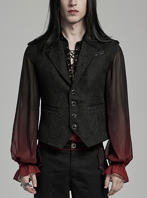 Black Asymmetrical Non Stretch Jacquard Woven With Bat Wing Clip On Gothic Style Men's Vest