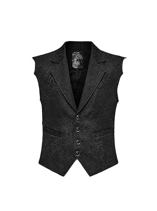 Black Asymmetrical Non Stretch Jacquard Woven With Bat Wing Clip On Gothic Style Men's Vest