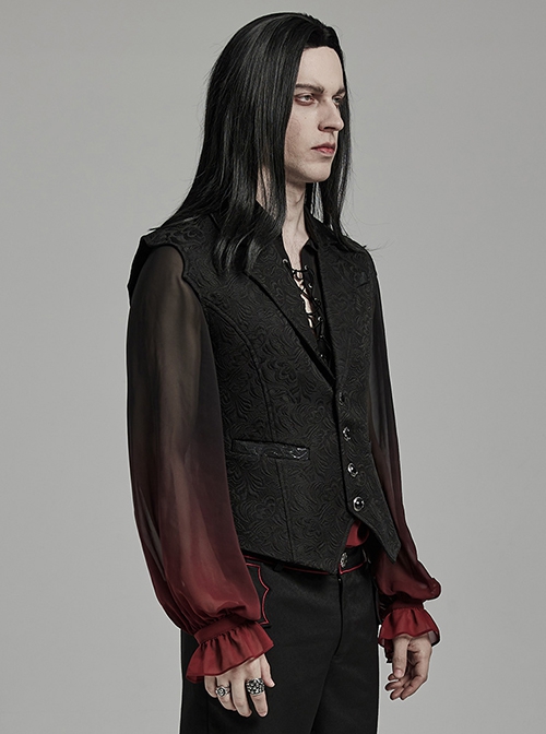 Black Asymmetrical Non Stretch Jacquard Woven With Bat Wing Clip On Gothic Style Men's Vest