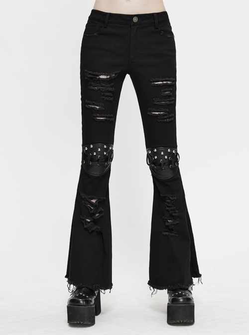 Knee Nailed Tied Rope Broken Holes Rough Selvedge Black Punk Bell-Bottomed Pants