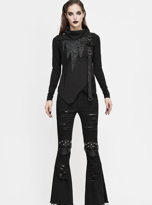 Knee Nailed Tied Rope Broken Holes Rough Selvedge Black Punk Bell-Bottomed Pants
