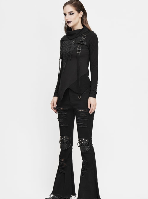 Knee Nailed Tied Rope Broken Holes Rough Selvedge Black Punk Bell-Bottomed Pants