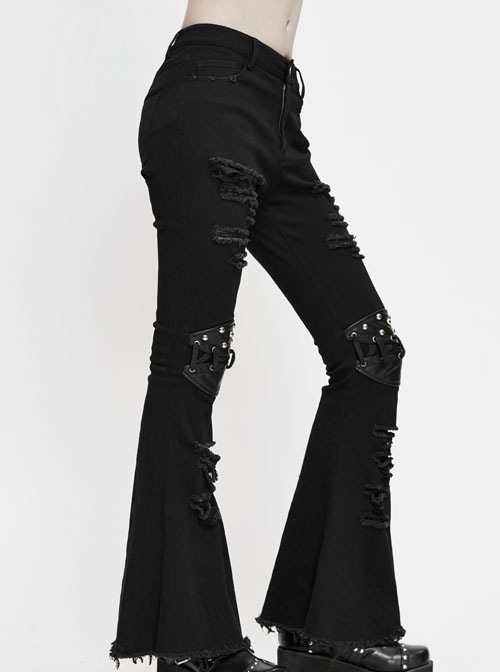 Knee Nailed Tied Rope Broken Holes Rough Selvedge Black Punk Bell-Bottomed Pants