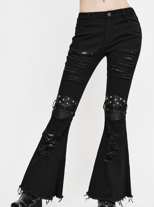 Knee Nailed Tied Rope Broken Holes Rough Selvedge Black Punk Bell-Bottomed Pants