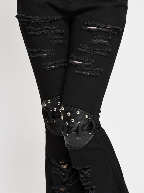 Knee Nailed Tied Rope Broken Holes Rough Selvedge Black Punk Bell-Bottomed Pants