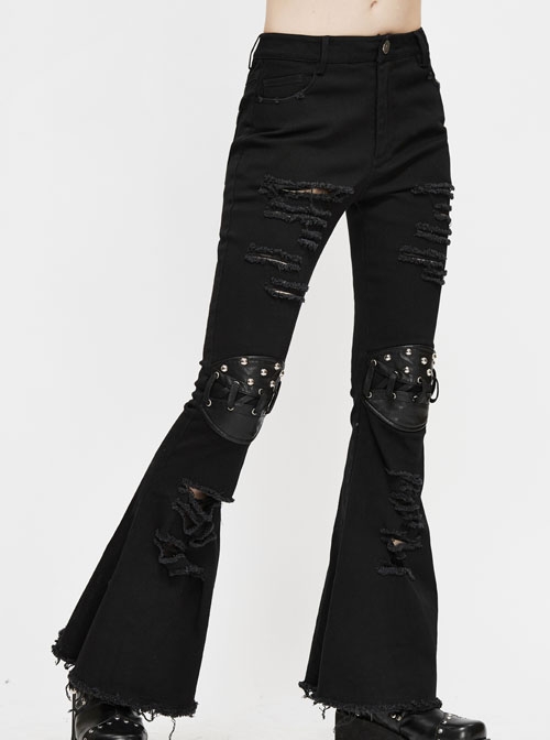 Knee Nailed Tied Rope Broken Holes Rough Selvedge Black Punk Bell-Bottomed Pants