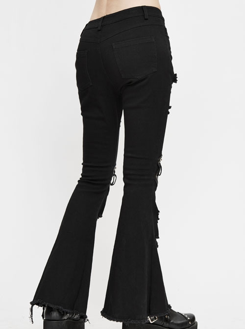 Knee Nailed Tied Rope Broken Holes Rough Selvedge Black Punk Bell-Bottomed Pants
