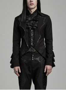 Gorgeous Ruffled Black Non Stretch Twill Woven With Jacquard Chiffon Fake Two Piece Gothic Bat Collar Swallowtail Coat