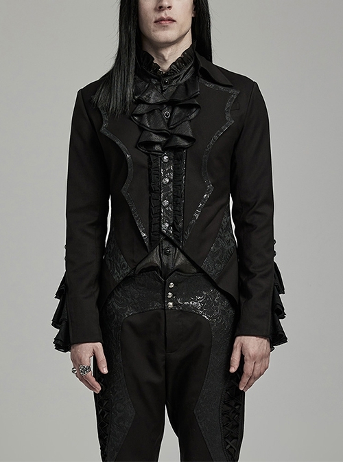 Gorgeous Ruffled Black Non Stretch Twill Woven With Jacquard Chiffon Fake Two Piece Gothic Bat Collar Swallowtail Coat