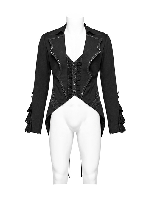 Gorgeous Ruffled Black Non Stretch Twill Woven With Jacquard Chiffon Fake Two Piece Gothic Bat Collar Swallowtail Coat