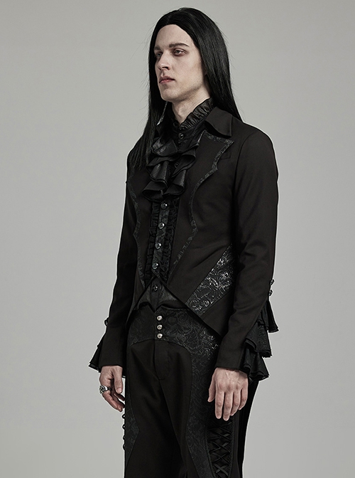 Gorgeous Ruffled Black Non Stretch Twill Woven With Jacquard Chiffon Fake Two Piece Gothic Bat Collar Swallowtail Coat