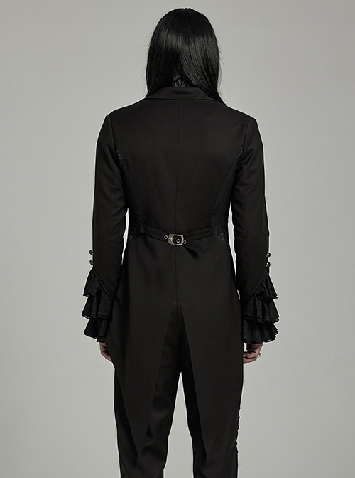 Gorgeous Ruffled Black Non Stretch Twill Woven With Jacquard Chiffon Fake Two Piece Gothic Bat Collar Swallowtail Coat