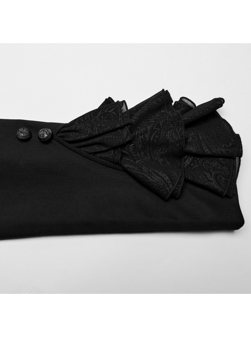 Gorgeous Ruffled Black Non Stretch Twill Woven With Jacquard Chiffon Fake Two Piece Gothic Bat Collar Swallowtail Coat