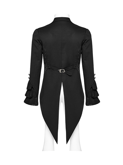 Gorgeous Ruffled Black Non Stretch Twill Woven With Jacquard Chiffon Fake Two Piece Gothic Bat Collar Swallowtail Coat